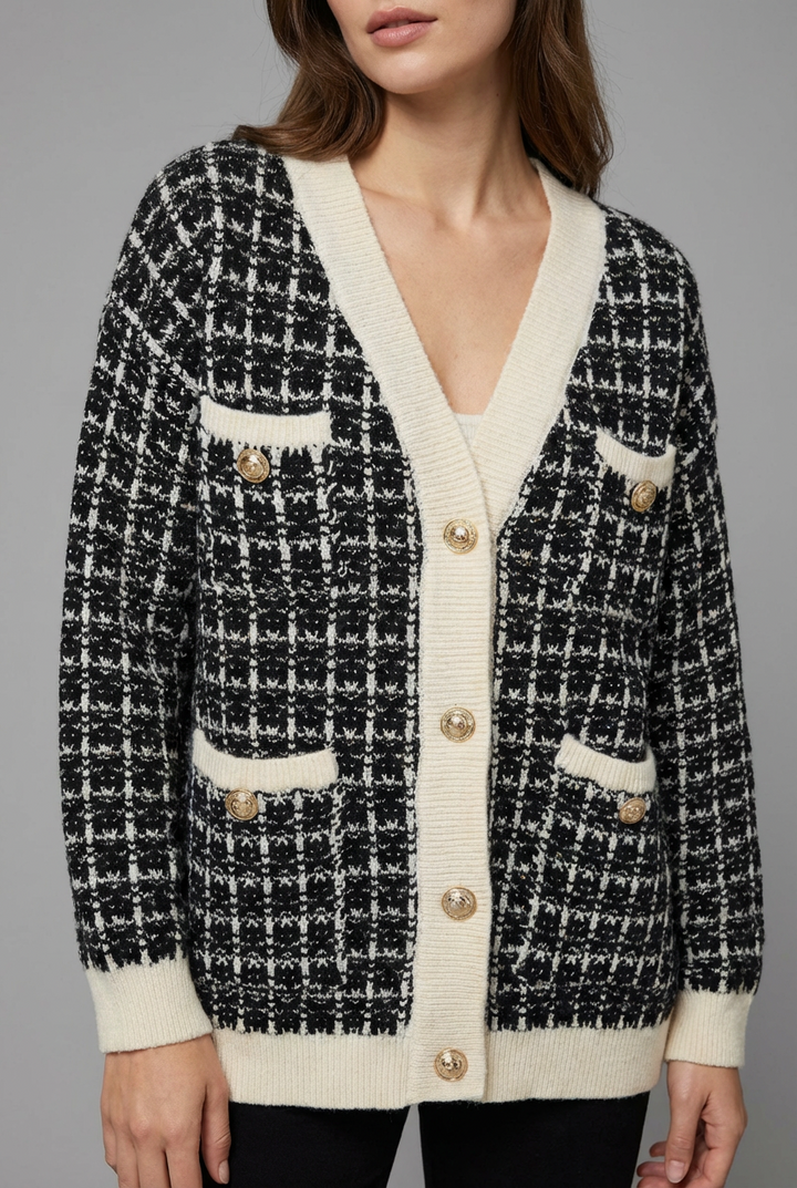 Elegant women's button cardigan with V-neck, perfect for chic layering & versatile autumn/winter fashion.