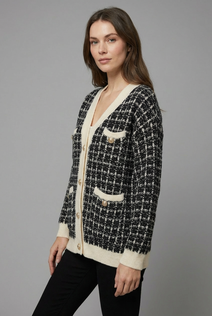 Classic women's button cardigan with front pockets, a stylish V-neck layering piece for autumn & winter.