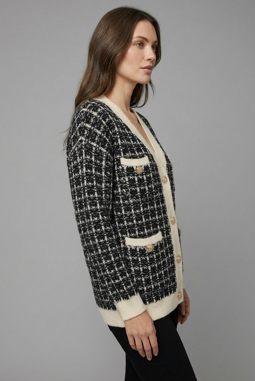Women's stylish button-front cardigan, an elegant V-neck top for versatile layering in cold weather.