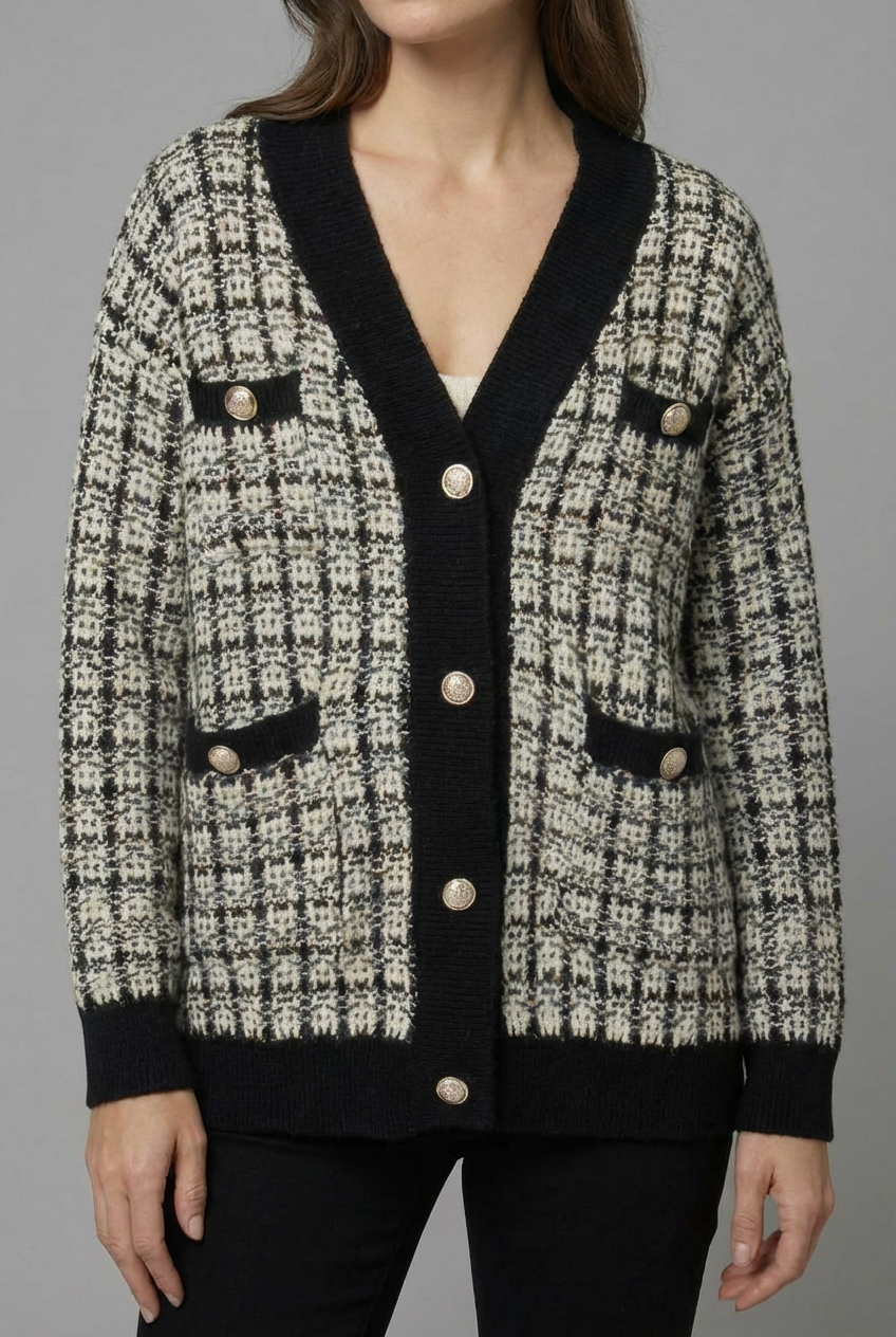Soft women's elegant button cardigan, a V-neck layering piece with pockets for autumn/winter style.