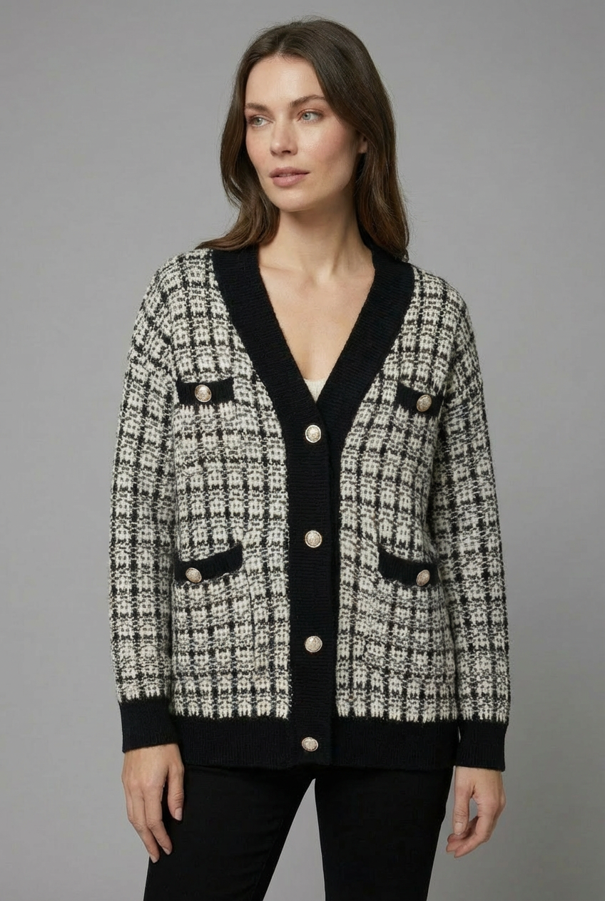Women's elegant button-front V-neck cardigan, a chic and classic autumn/winter fashion layering piece.