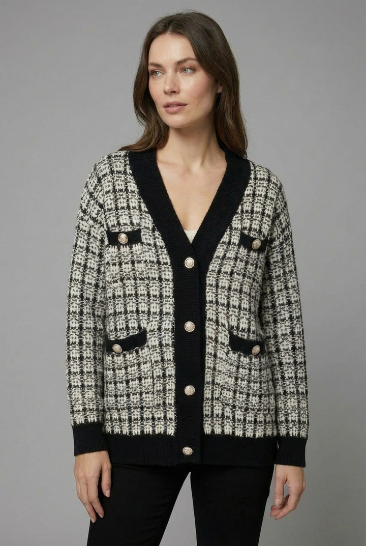 Women's elegant button-front V-neck cardigan, a chic and classic autumn/winter fashion layering piece.