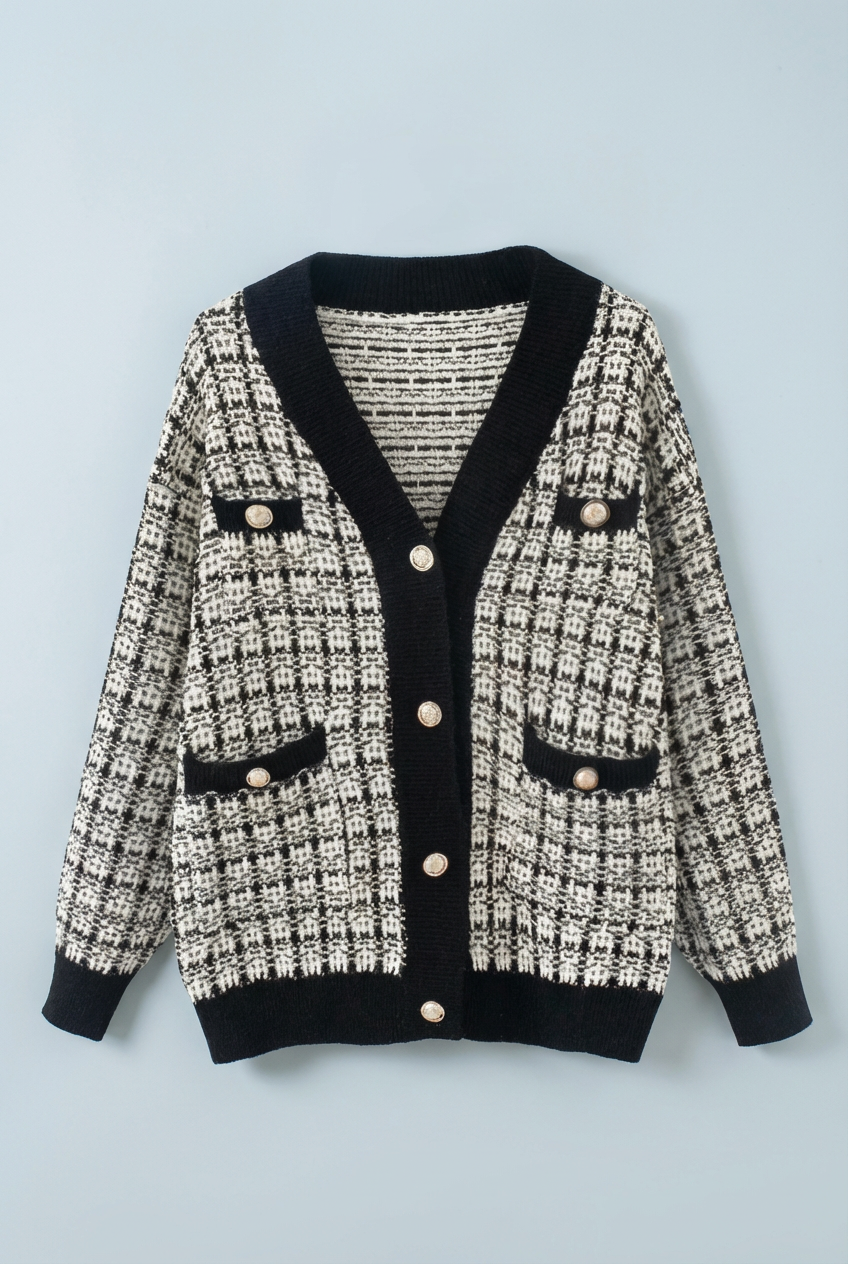 Women's elegant button cardigan featuring a V-neck & front pockets. A chic, versatile top for autumn & winter.