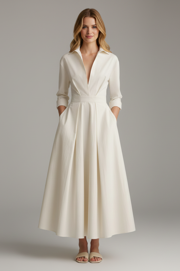 Stylish women's midi dress with button front and classic collar, featuring a flattering flared skirt