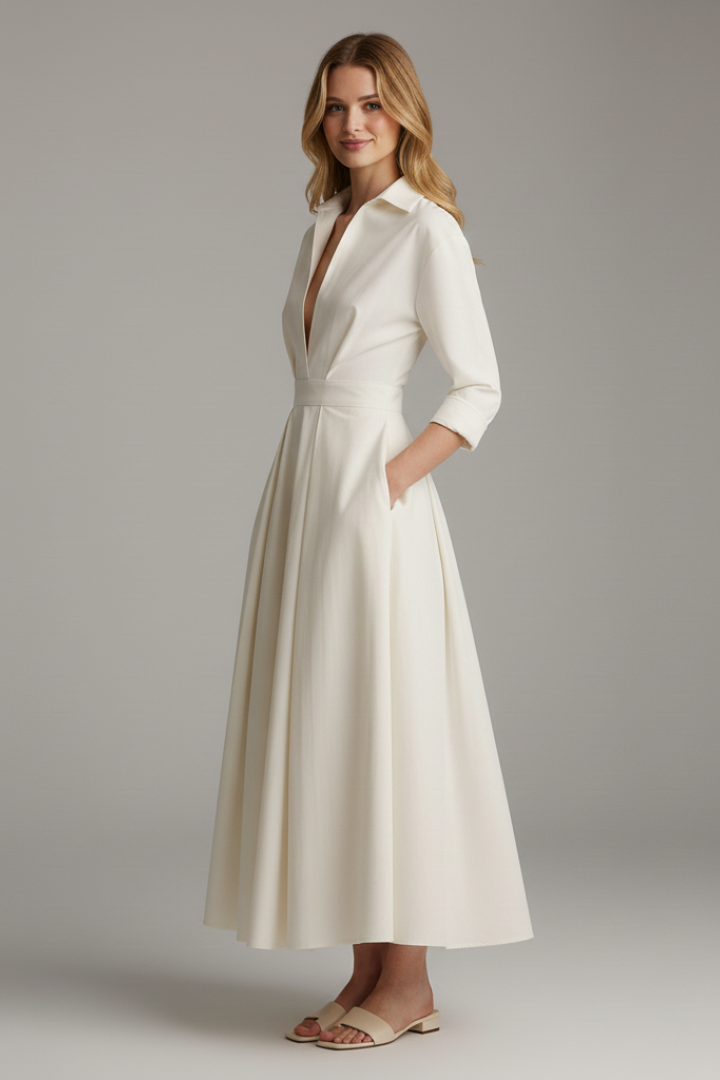 Close-up of the button front and collar detail on a versatile women's midi dress for summer