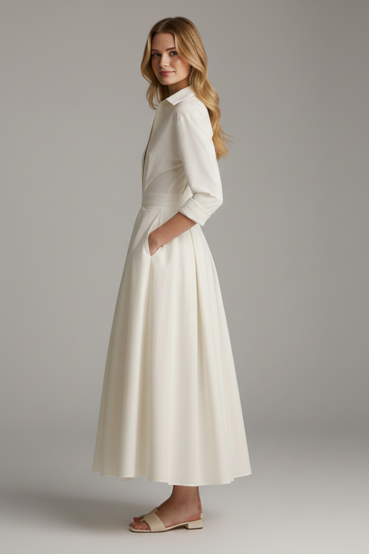 Sophisticated women's collared midi dress with full button front, suitable for office or casual elegant wear