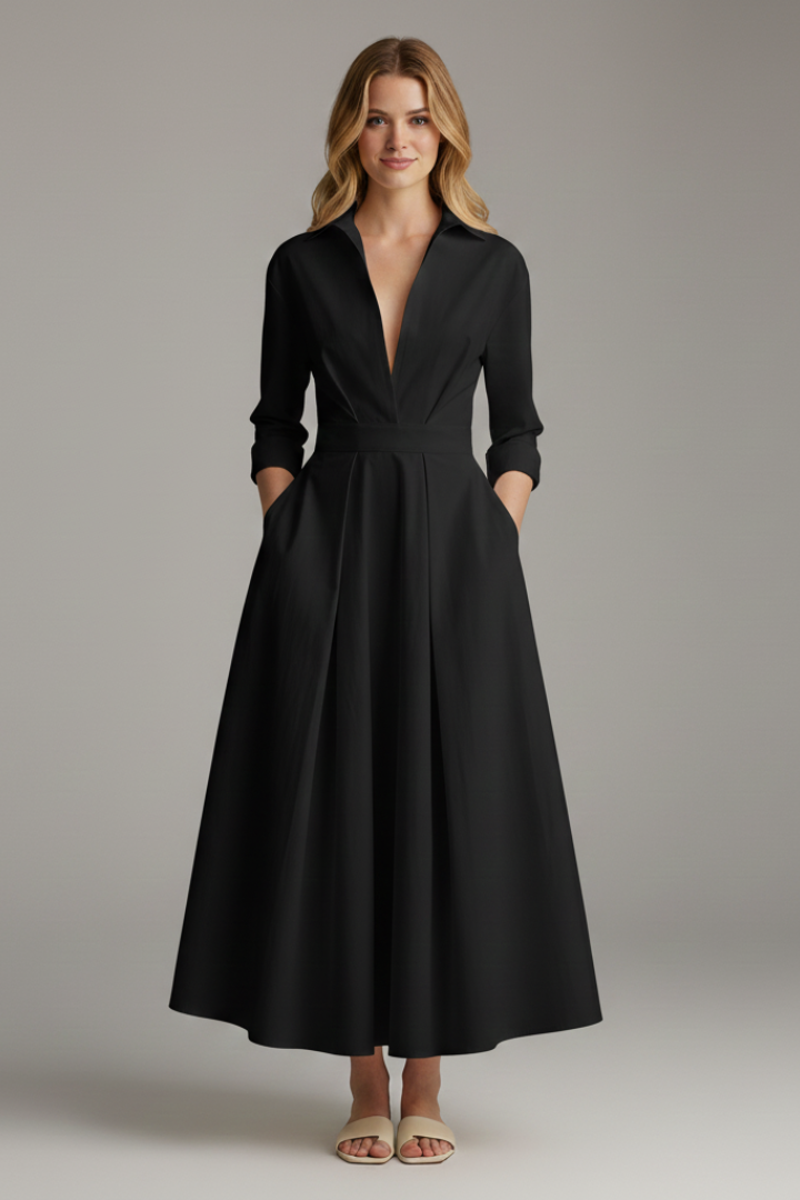 Comfortable and fashionable women's summer midi dress, designed with a button front and crisp collar