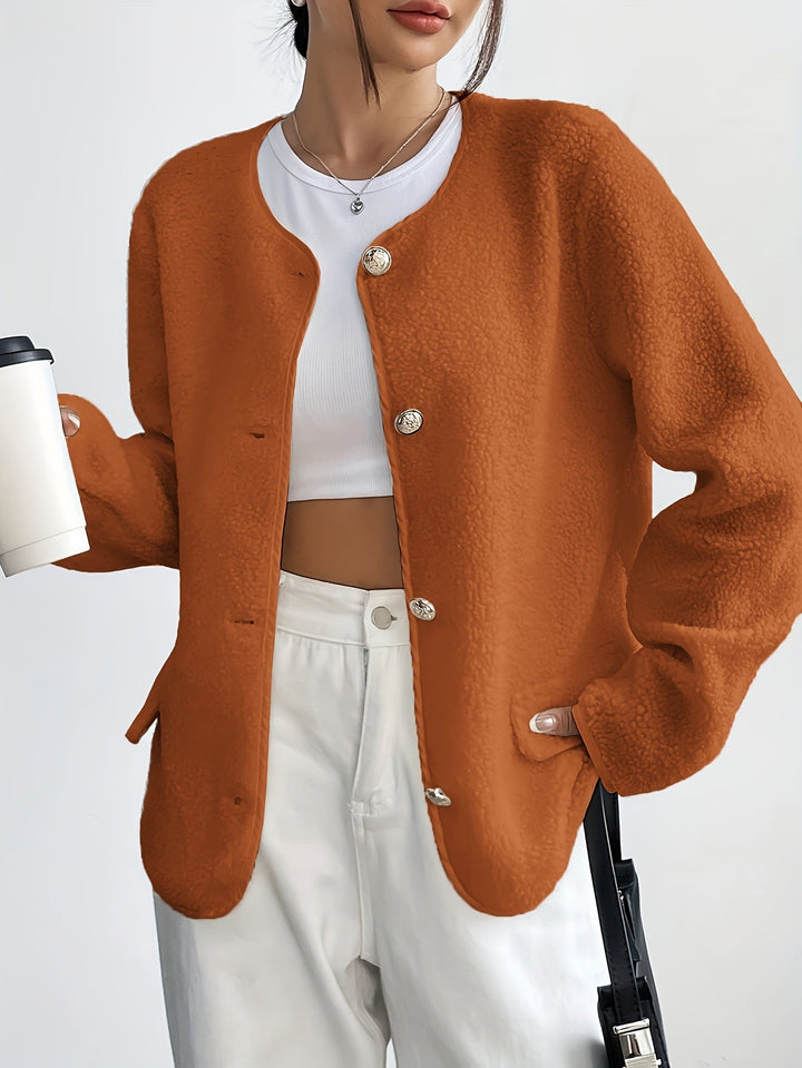 Winter style women's classic button-front jacket, providing warmth and elegance.
