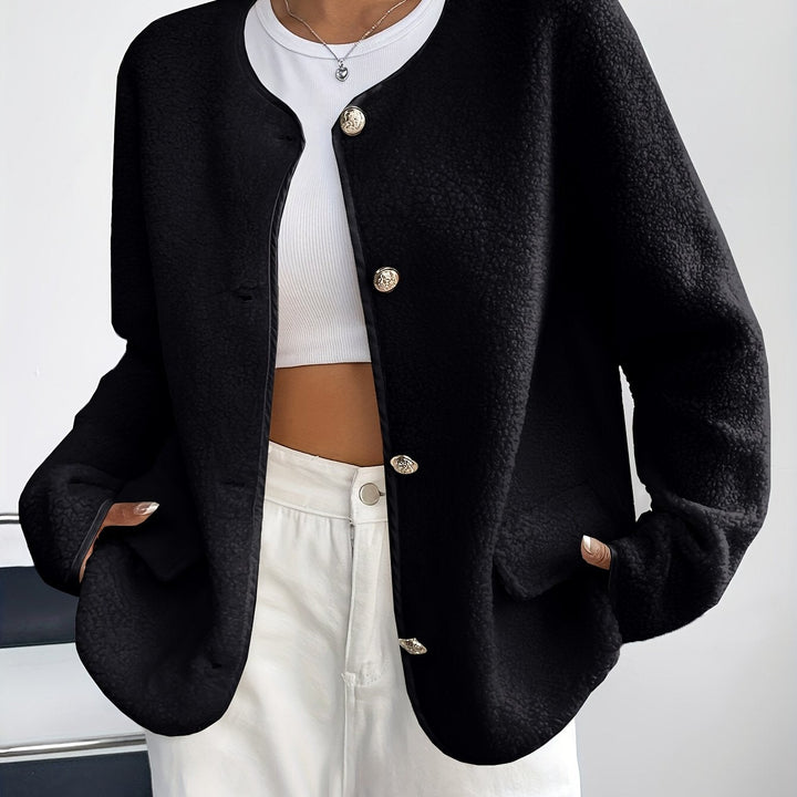Round neck, long sleeve women's button-front jacket, elegant & classic fall outerwear.