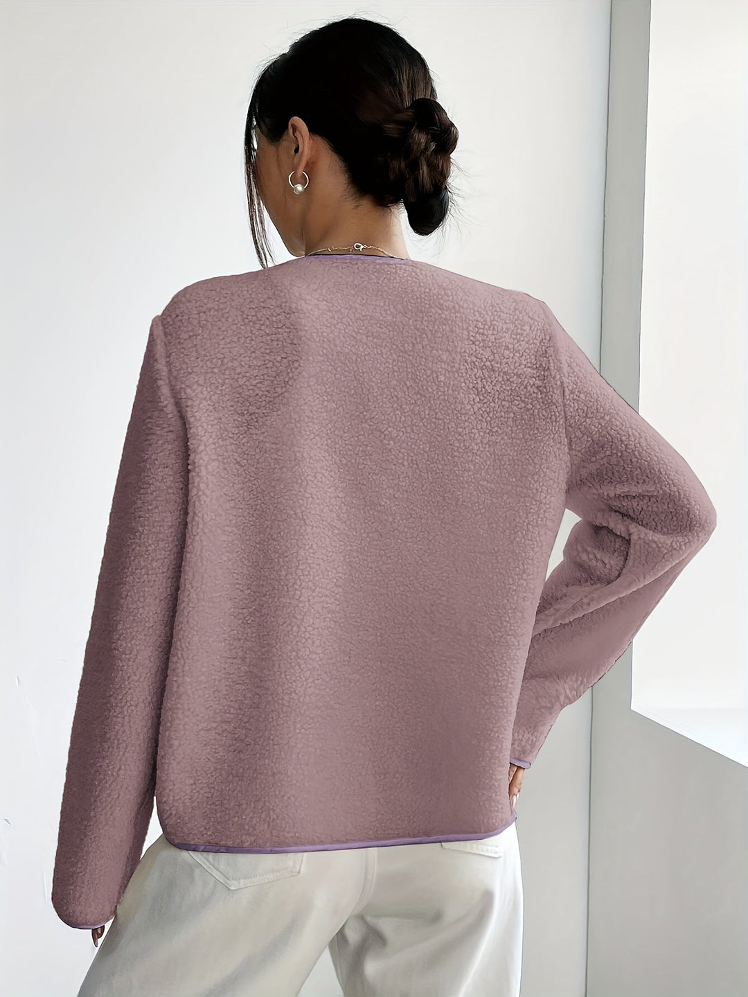 Soft knit women's jacket, classic button-front. Perfect for comfortable fall layering.
