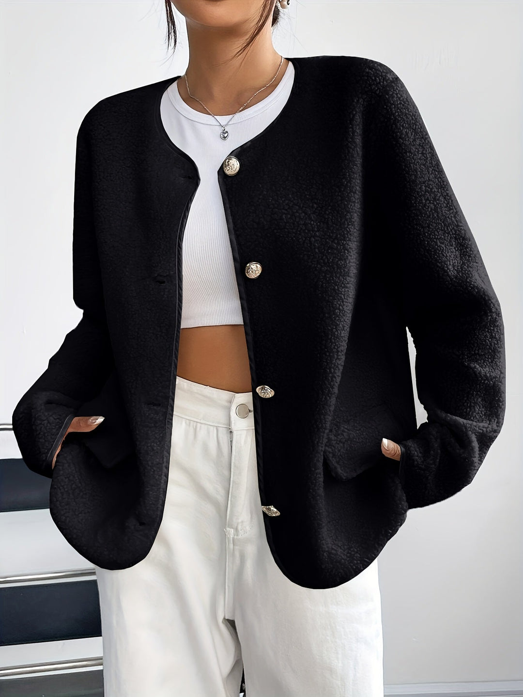 Stylish women's long sleeve jacket with round neck & button-front, ideal for fall outerwear.