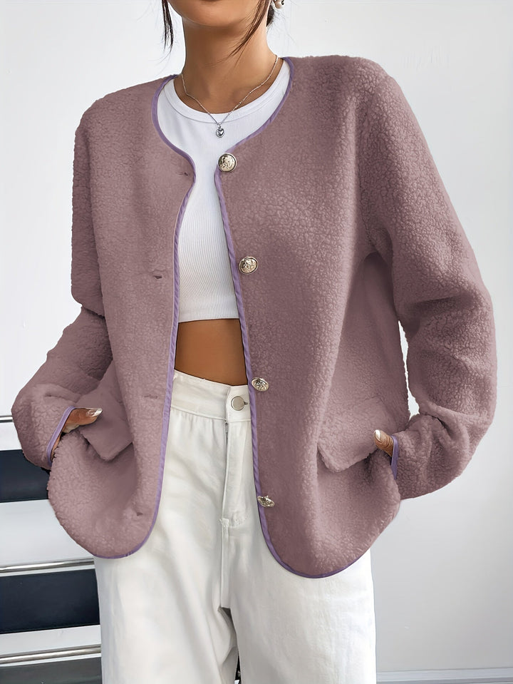 Comfortable knit button-front jacket for women, essential for fall and winter warmth.