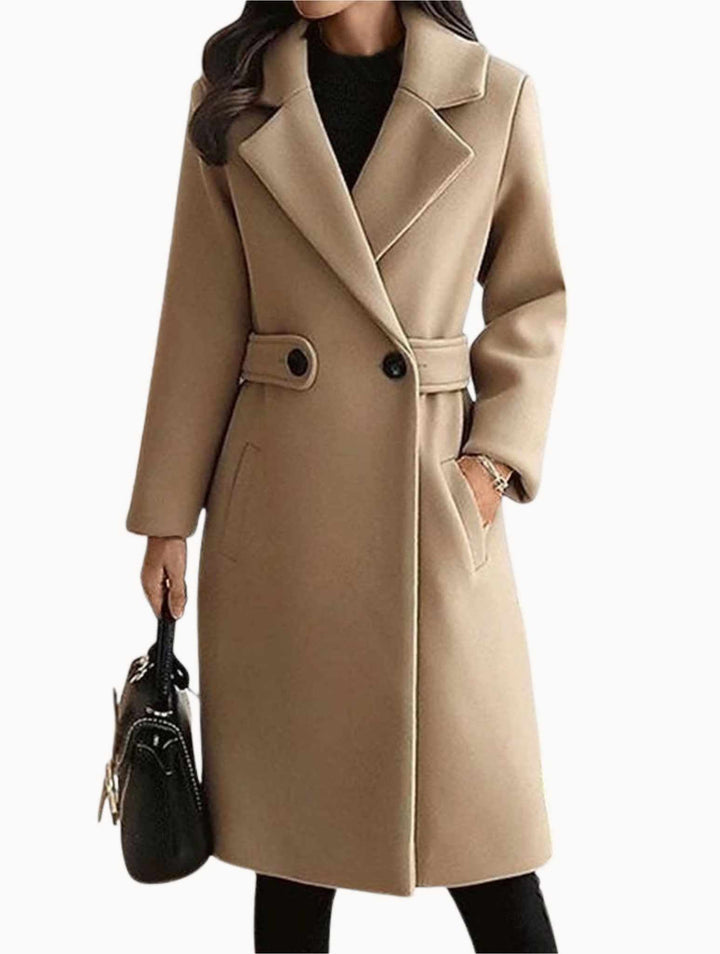 Elegant women's camel wool blend belted winter coat, front view, perfect for sophisticated cold-weather fashion