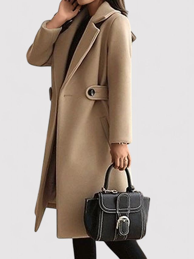 Stylish women's belted wool blend winter coat in camel, side view, highlighting the elegant silhouette