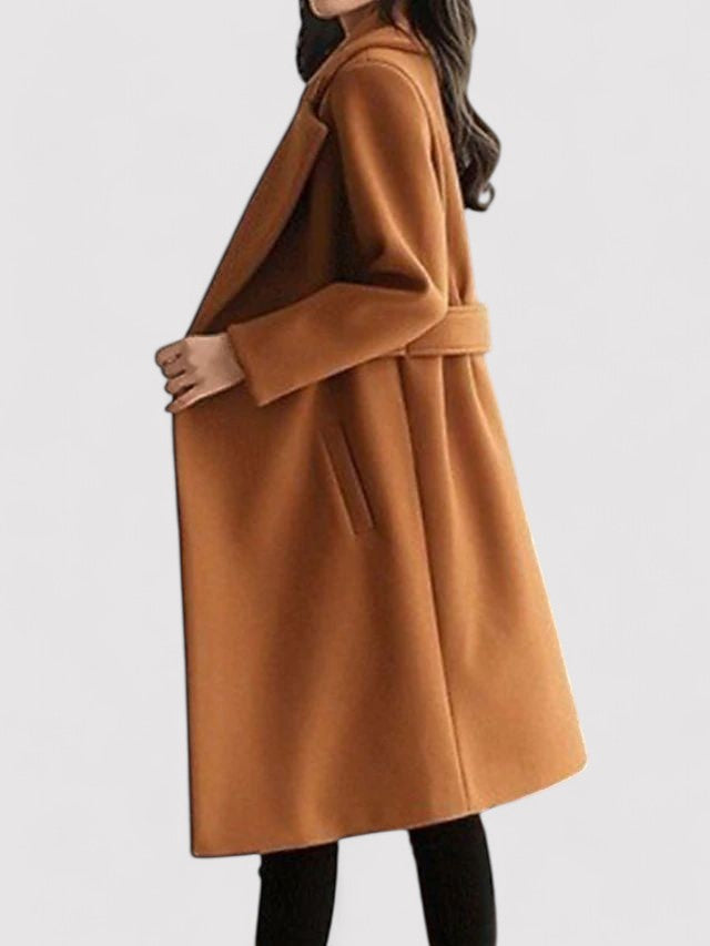 Warm red wool blend women's long coat, belted, ideal for winter fashion and elegant outerwear