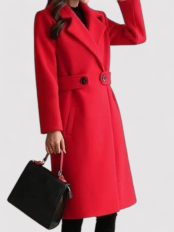 Sophisticated women's camel belted wool blend winter coat, back view, showing a flattering drape