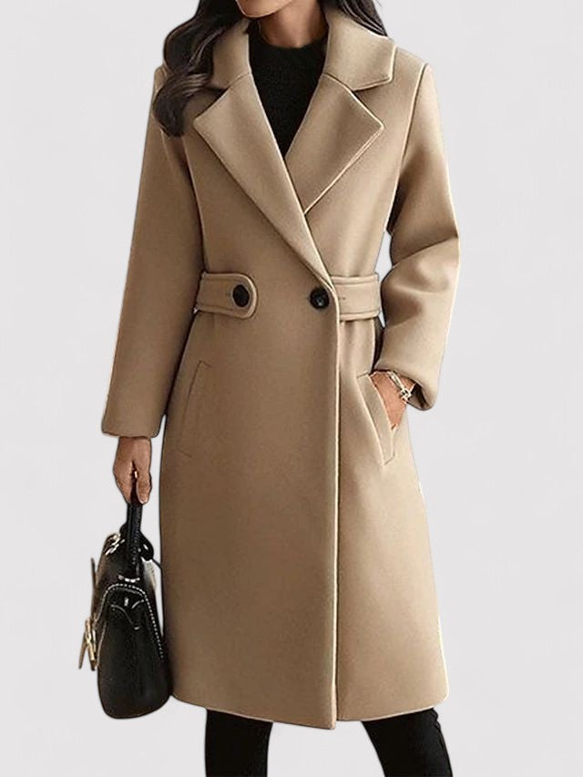 Fashionable women's red wool blend winter coat with an elegant belt, a versatile long warm jacket