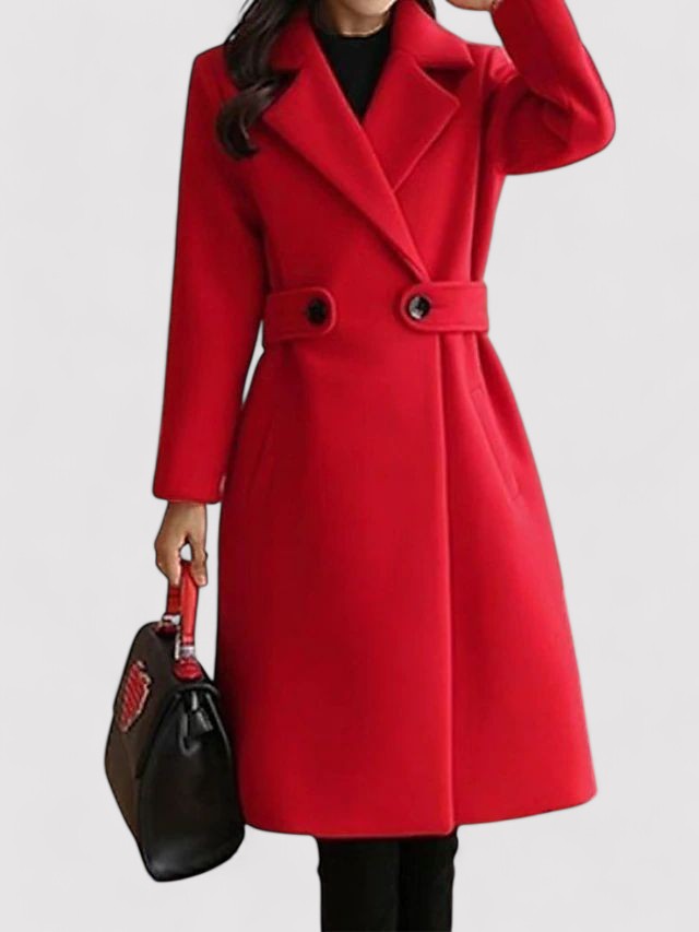 Full-length view of a women's red wool blend belted winter coat, a classic and warm outerwear choice