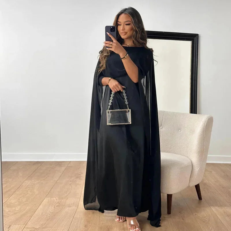 Stunning navy blue cape maxi dress, a chic and elegant choice for women's formal events and parties.