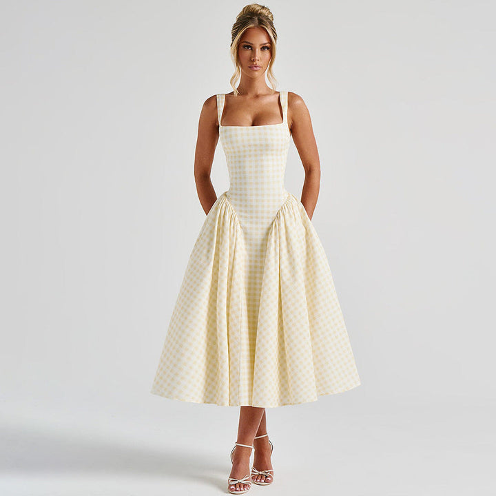 Elegant women's checkered midi dress with a square neck & princess silhouette, perfect for spring/summer fashion.