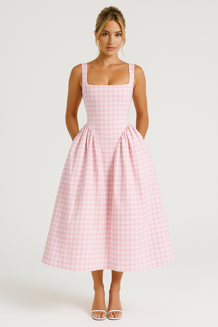 Stylish women's checkered midi dress featuring a square neckline and flattering princess silhouette for a chic look.