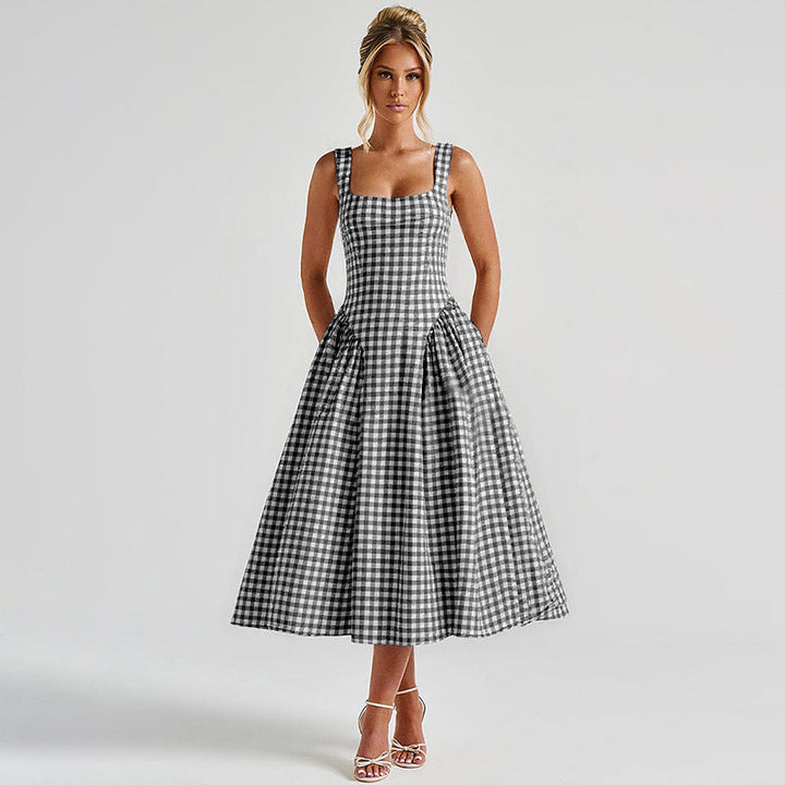 Sophisticated women's checkered midi dress with a modern square neck and classic princess silhouette. Casual chic.