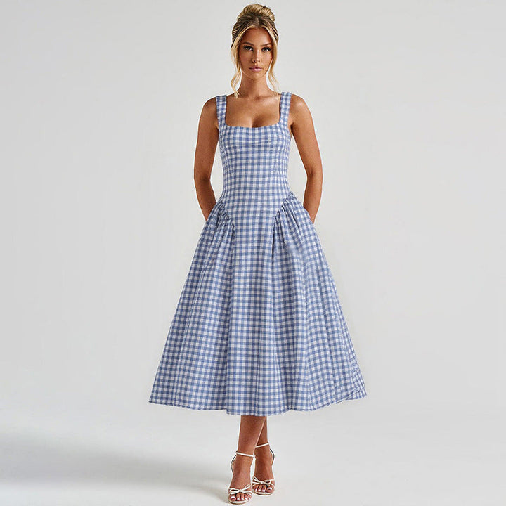 Beautiful women's checkered midi dress. Features a stylish square neck and princess silhouette, perfect for parties.