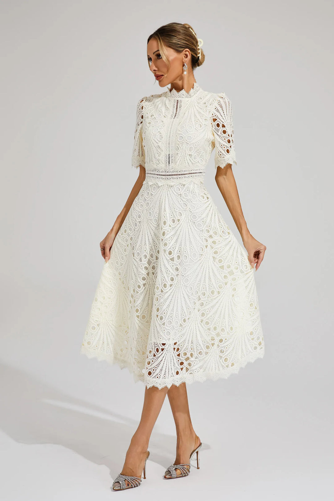Elegant women's chic lace midi dress, perfect for evening or cocktail parties.