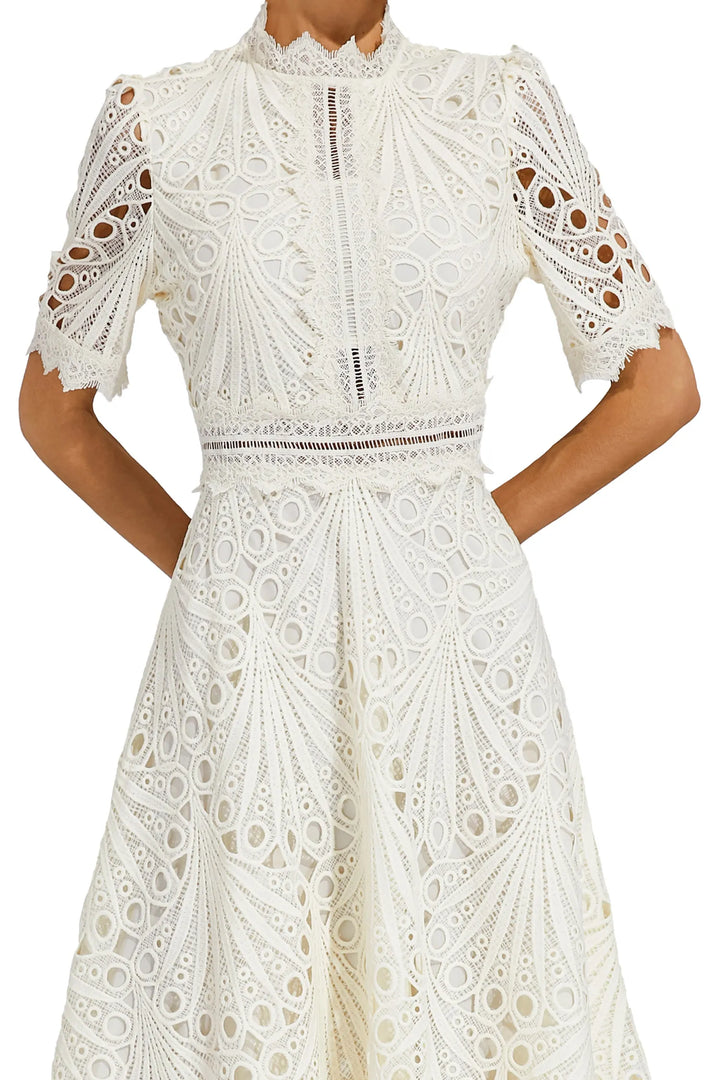 Trendy women's elegant lace midi dress, a sophisticated party outfit.