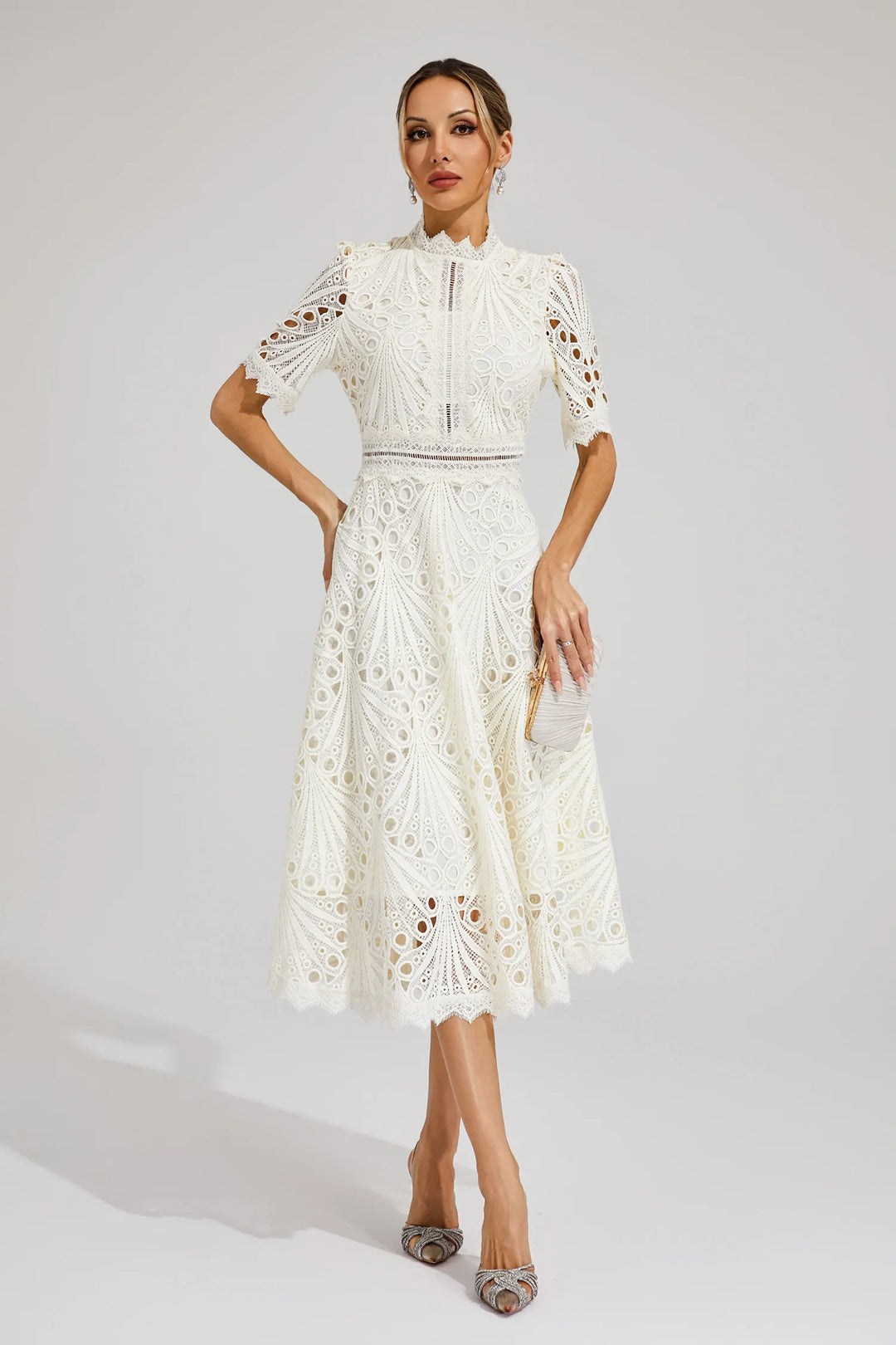 Women's flattering lace midi dress, combining chic style and comfort.