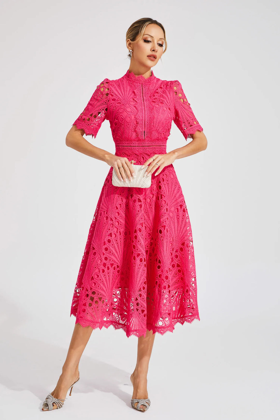 Feminine lace midi dress for women, ideal for special occasions and events.