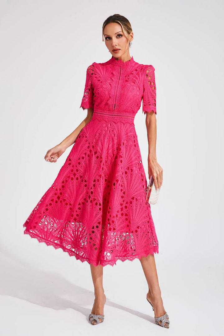 Chic women's midi dress with intricate lace detail, a stylish party dress.
