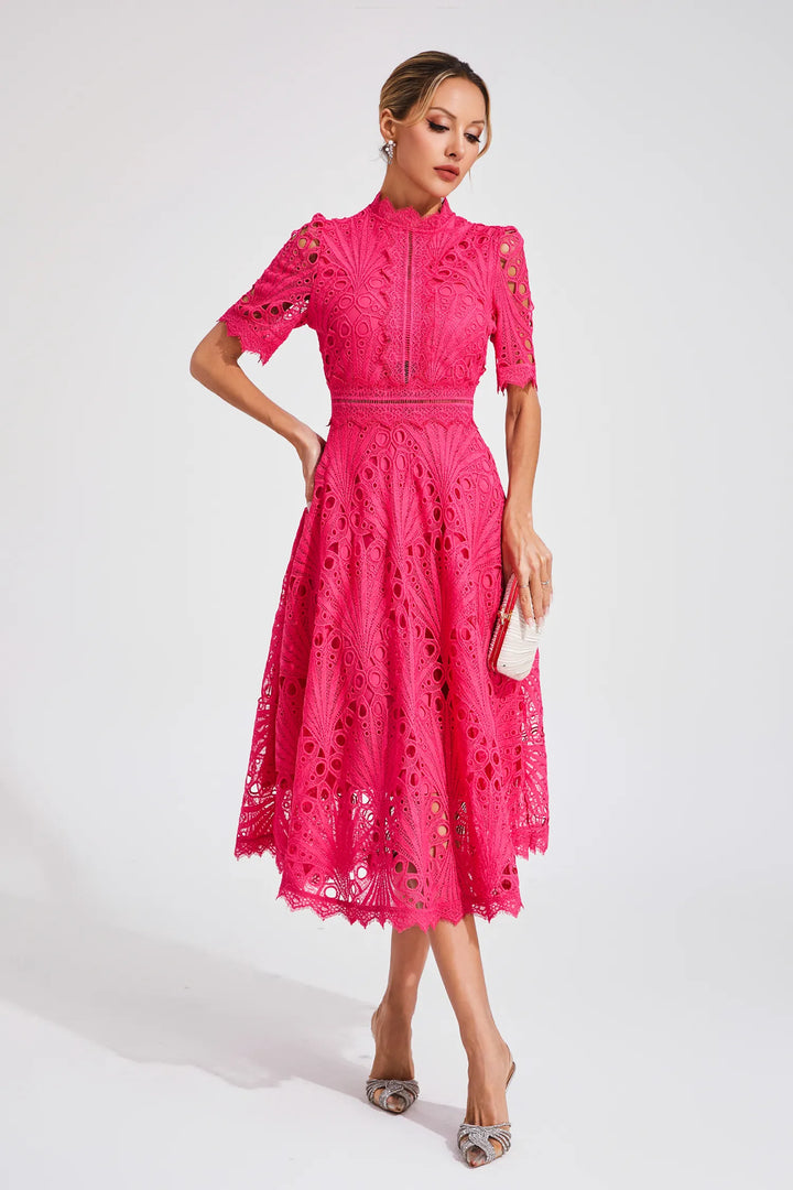 Beautiful women's elegant lace midi dress, suitable for evening wear.