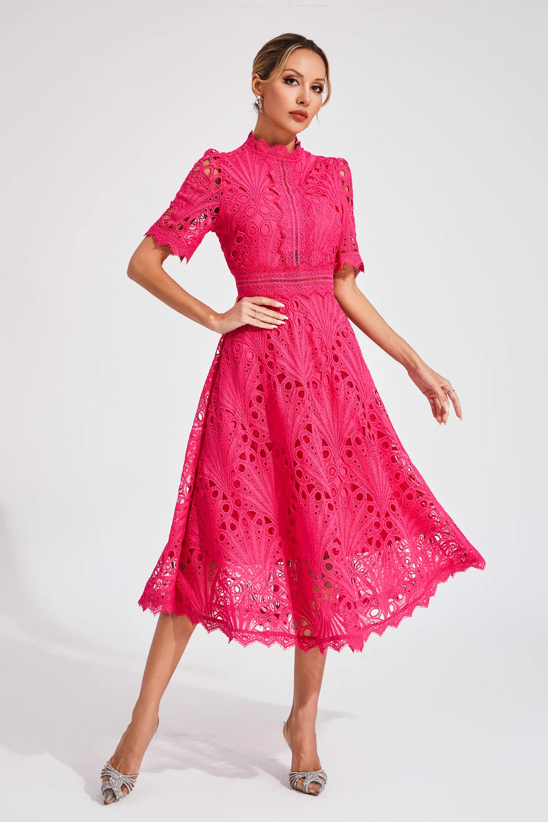 Women's cocktail lace midi dress, sophisticated and feminine.