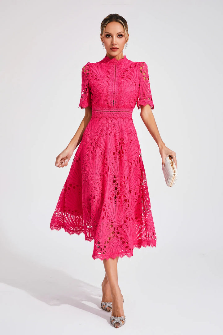 Special occasion women's lace midi dress, featuring delicate patterns.
