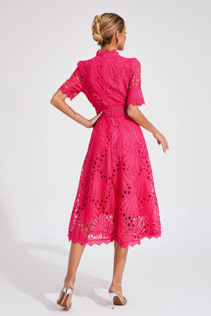 Graceful women's lace midi evening dress, a timeless and chic design.