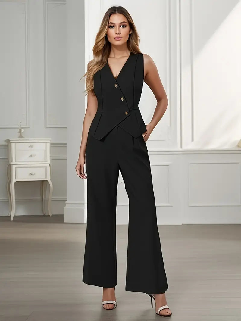 Chic women's formal tailored blazer and trouser set, showcasing an elegant and modern business style.