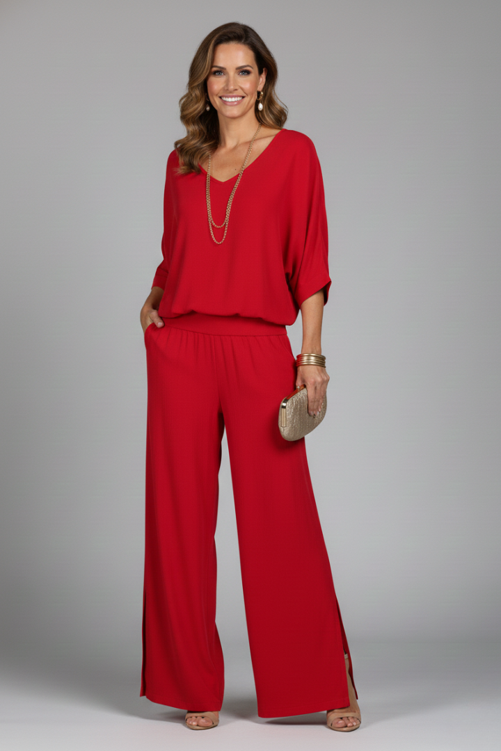Versatile women's chiffon V-neck top and wide-leg pants set, perfect for various occasions.