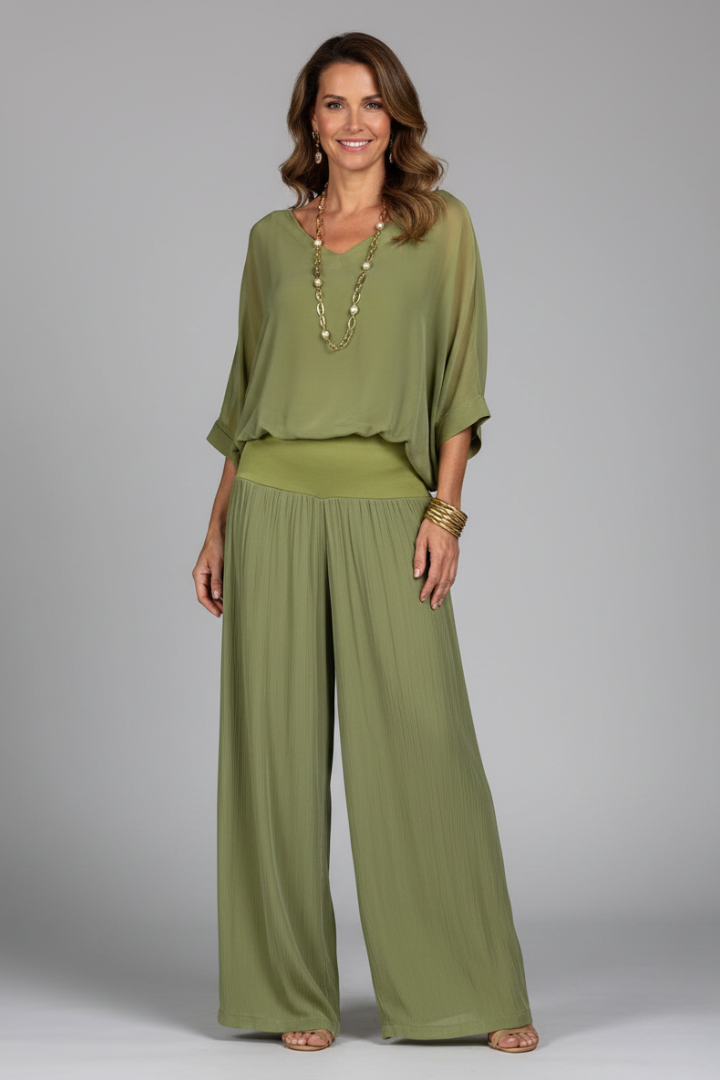 Stylish V-neck chiffon top paired with matching wide-leg pants for a comfortable co-ord set.