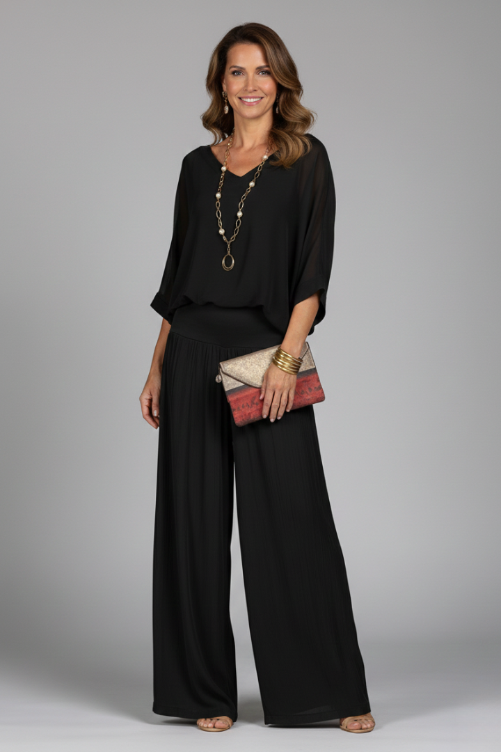 Casual yet elegant women's two-piece outfit: V-neck chiffon top with comfortable wide-leg pants.