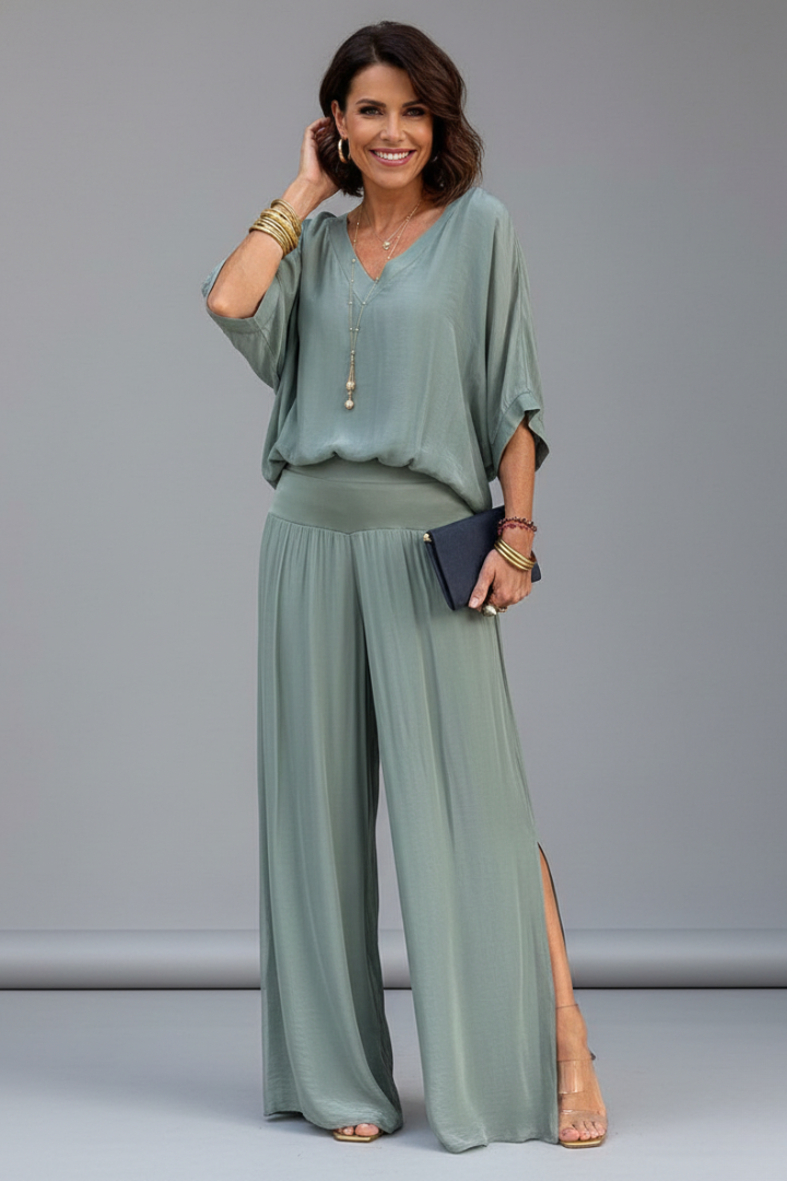 Luxurious chiffon women's two-piece set with a flattering V-neck and comfortable wide-leg design.