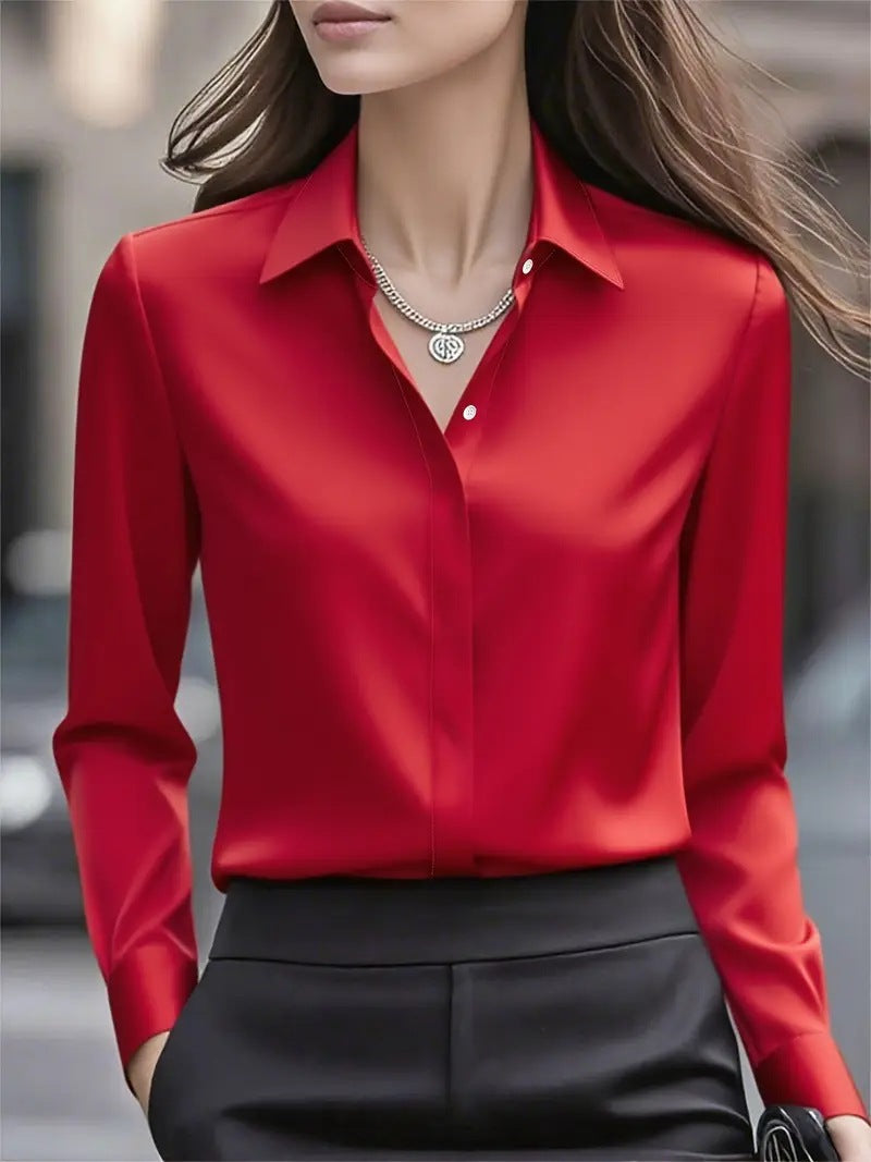 Classic long sleeve button-up blouse for women, elegant & versatile, perfect for office fashion.