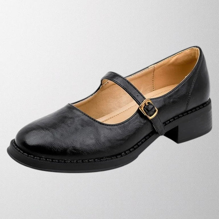 Side view of a classic black Mary Jane pump for women, emphasizing its comfortable and chic design