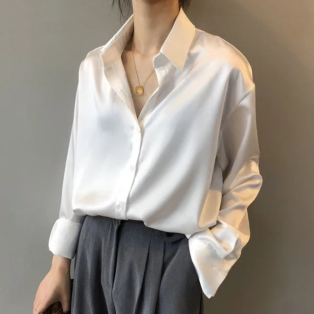 Cream long sleeve button-down blouse for women, a classic and elegant workwear top