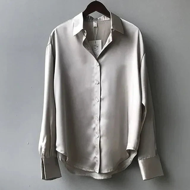 Women's white classic button-down blouse, long sleeve, versatile for elegant and casual summer wear