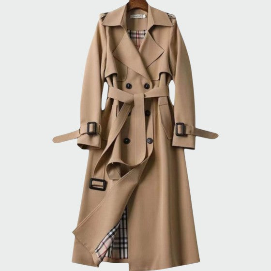 Elegant women's classic double-breasted trench coat with belt, perfect for spring outerwear