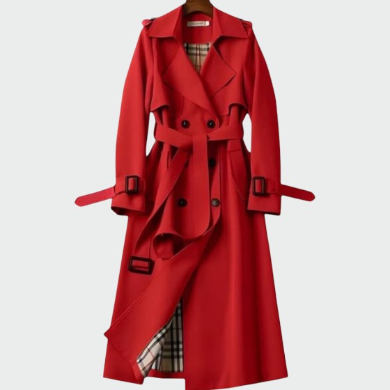 Front view of a tailored women's double-breasted trench coat with notched lapels and buttons