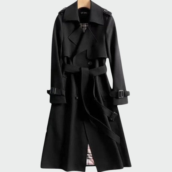 Sophisticated women's classic double-breasted trench coat, a timeless elegant jacket for any season