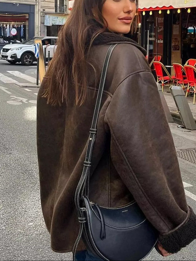 Elegant women's classic double-breasted wool blend coat in rich brown.