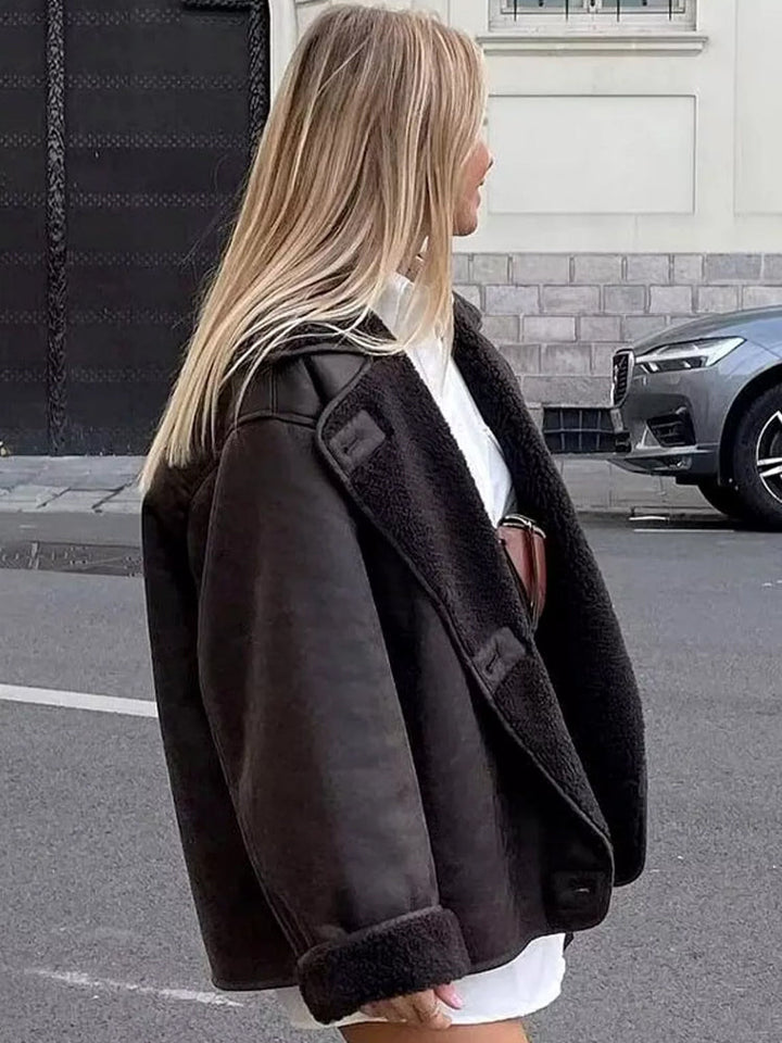 Warm brown wool blend coat for women, featuring a classic double-breasted design.
